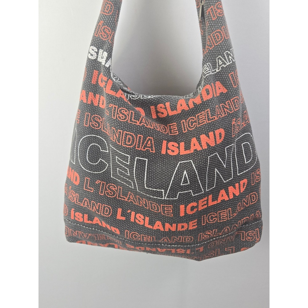 Iceland Souvenir Tote Bag Hobo Shoulder Bag Gray Orange Canvas Typographic Print